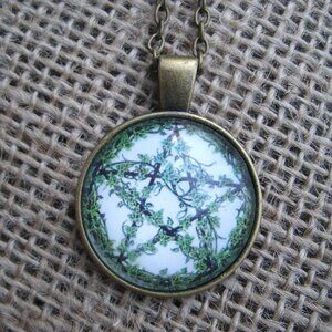 Vine Pentacle Glass Cabochon Pendant Necklace